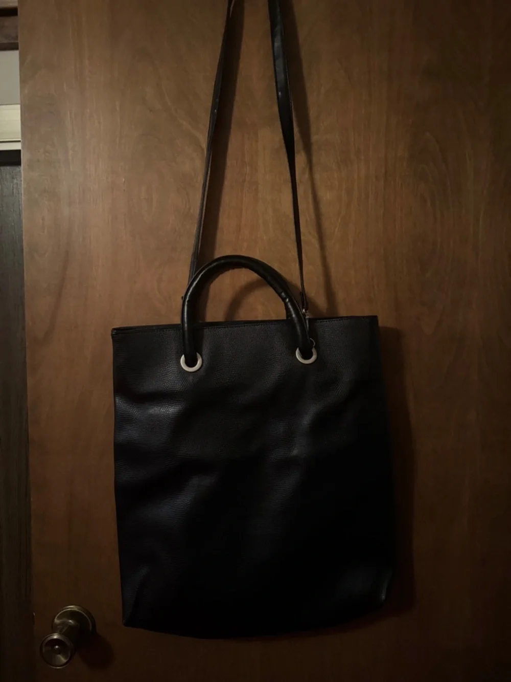 Men's Black Leather-Look Messenger Tote with Top Handles