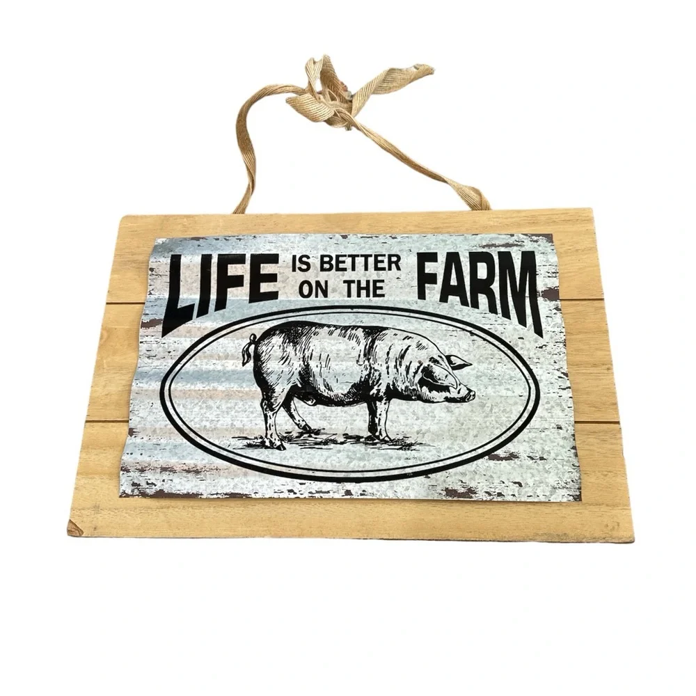 NWT Farmhouse Chic Rustic Life is Better On the Farm‎ Metal Wood Sign 15x10