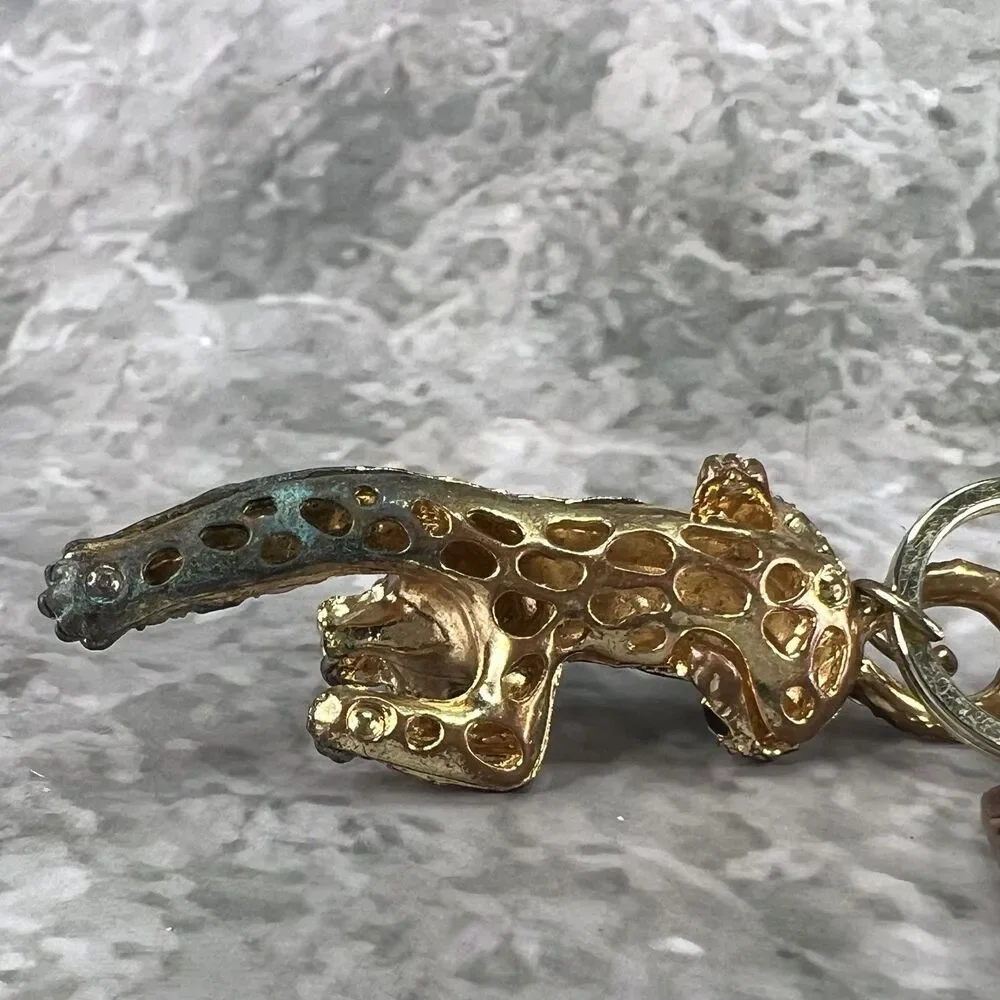 VTG Panther Leopard Keychain Clasp Gold Tone Crystal Rhinestones Enamel