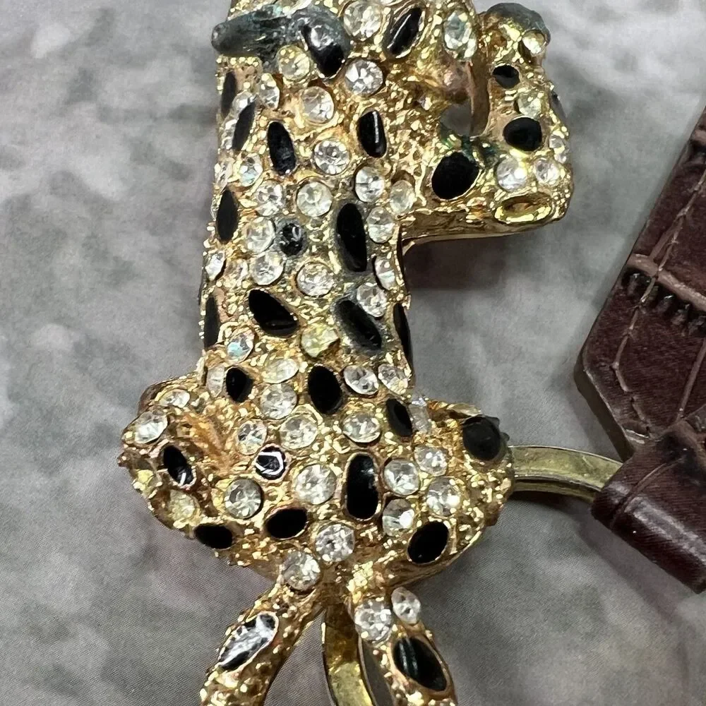 VTG Panther Leopard Keychain Clasp Gold Tone Crystal Rhinestones Enamel