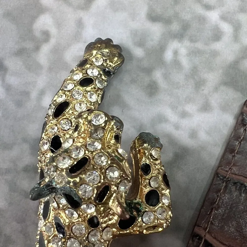VTG Panther Leopard Keychain Clasp Gold Tone Crystal Rhinestones Enamel