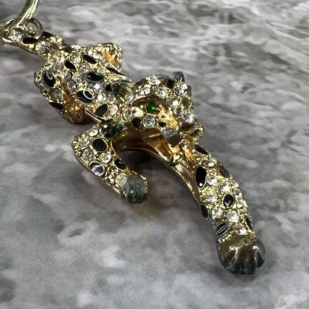 VTG Panther Leopard Keychain Clasp Gold Tone Crystal Rhinestones Enamel