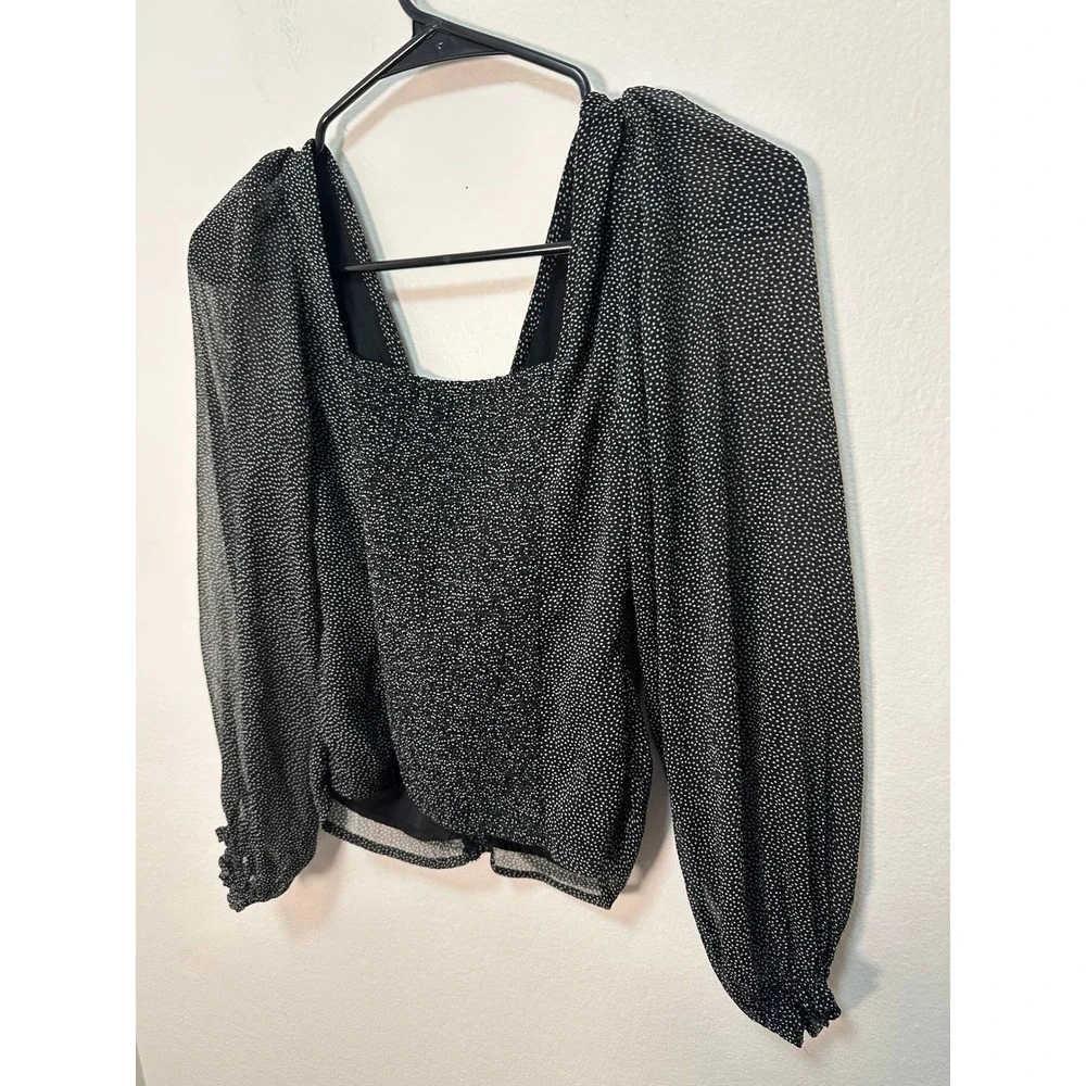 Abercrombie Fitch‎ Black White Polka Dot Ruched V Neck Long Sleeve Crop Top