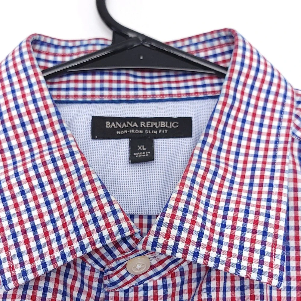 Banana Republic Slim Fit Non Iron Button Down Shirt Mens XL Plaid Red White Blue