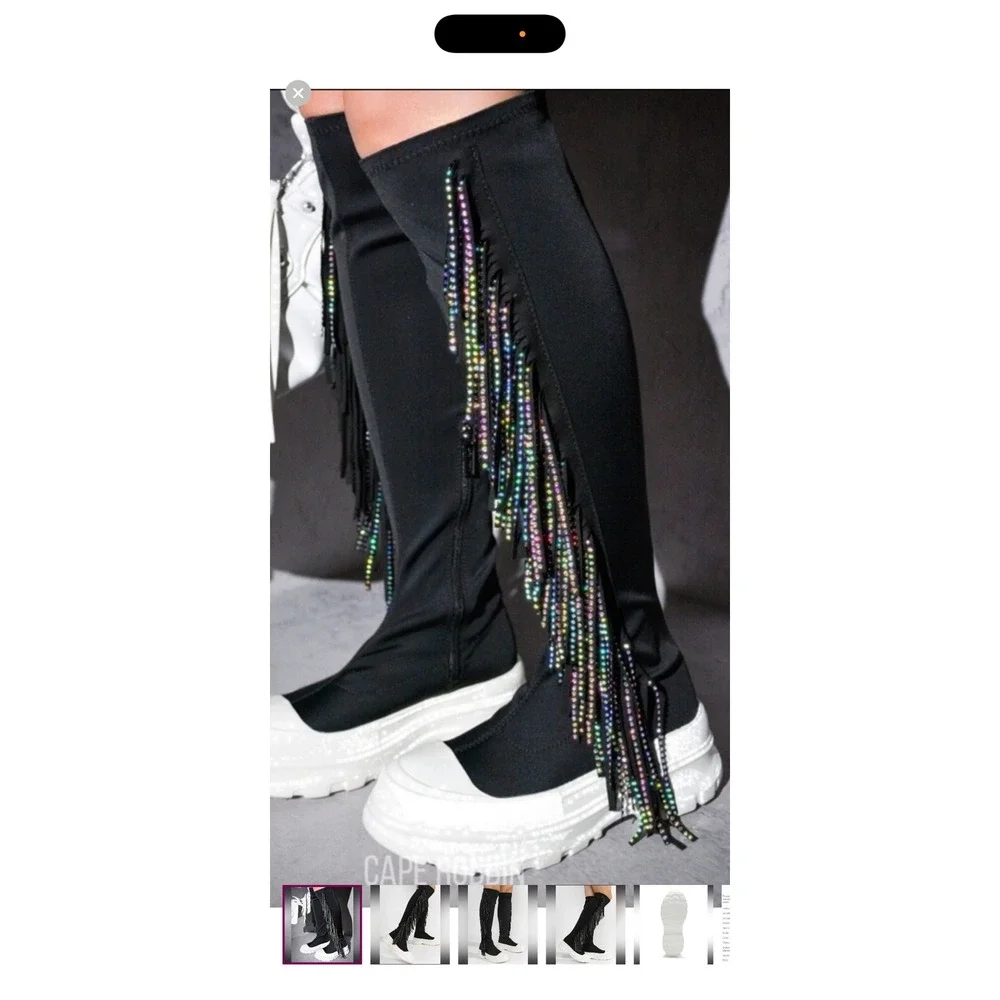 Cape Robbin Black Rhinestone Fringe Platform Knee High Boots 6 goth grunge‎