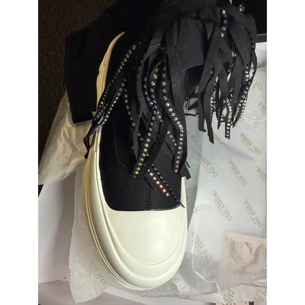 Cape Robbin Black Rhinestone Fringe Platform Knee High Boots 6 goth grunge‎
