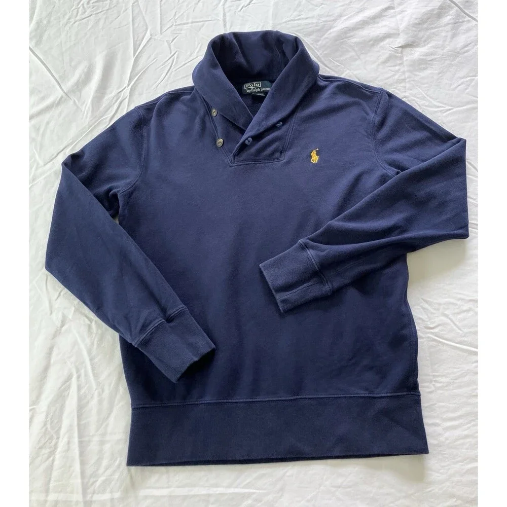 Polo Ralph Lauren Men’s Navy Blue Shawl Collar Sweatshirt - Yellow Pony Sz Small