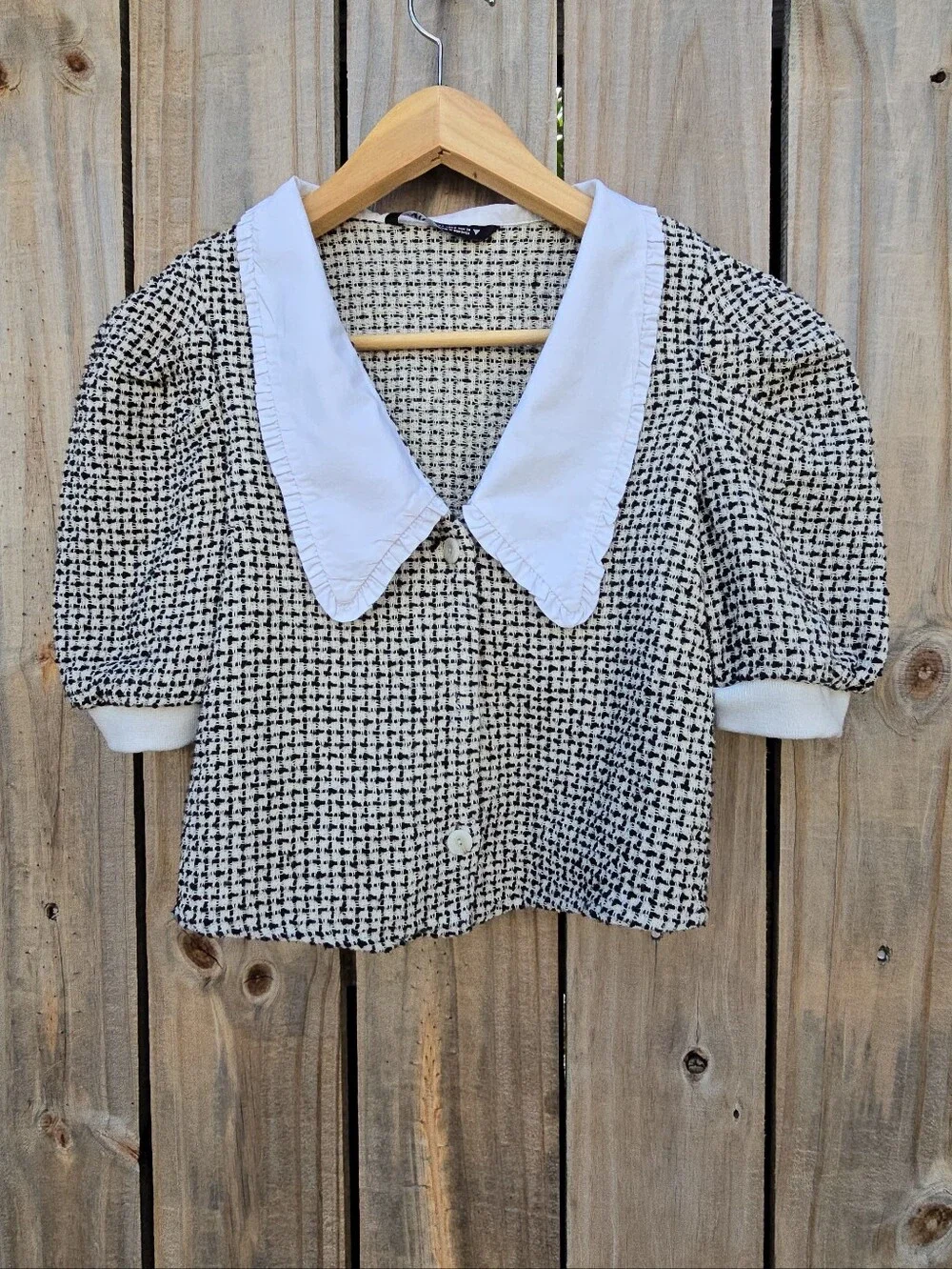 ZARA Tweed Cropped Top Blouse with Contrast Peter Pan Collar & Puff Sleeves - S