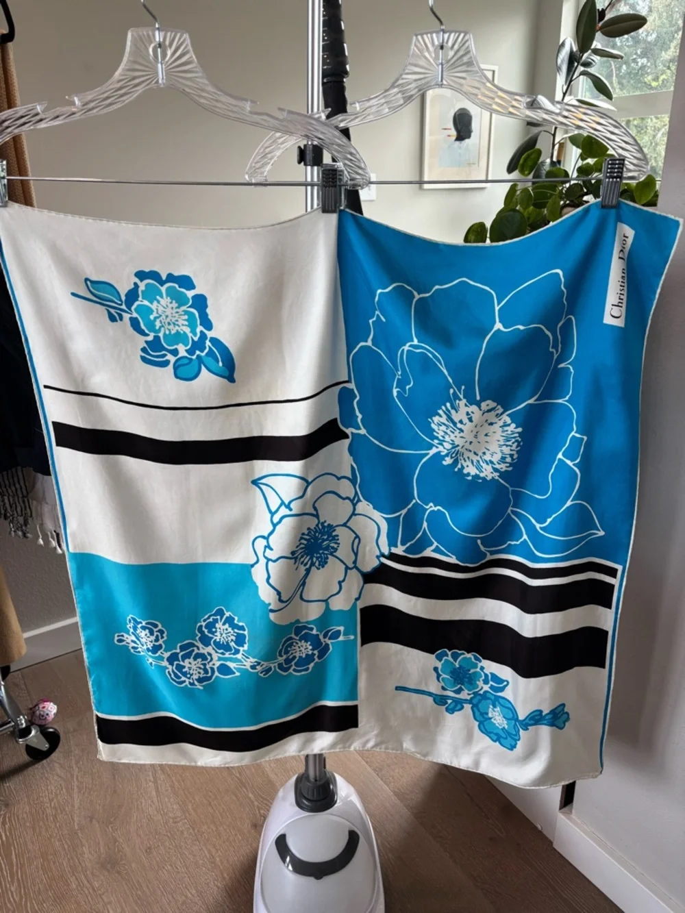 Dior vintage Blue & White Floral Silk Scarf 30”