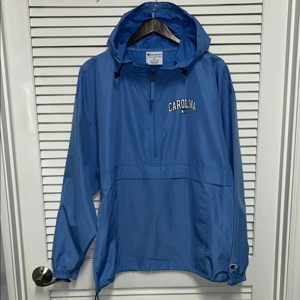 Champion Blue Hooded Half-Zip Windbreaker Pullover with 'CAROLINA' Logo