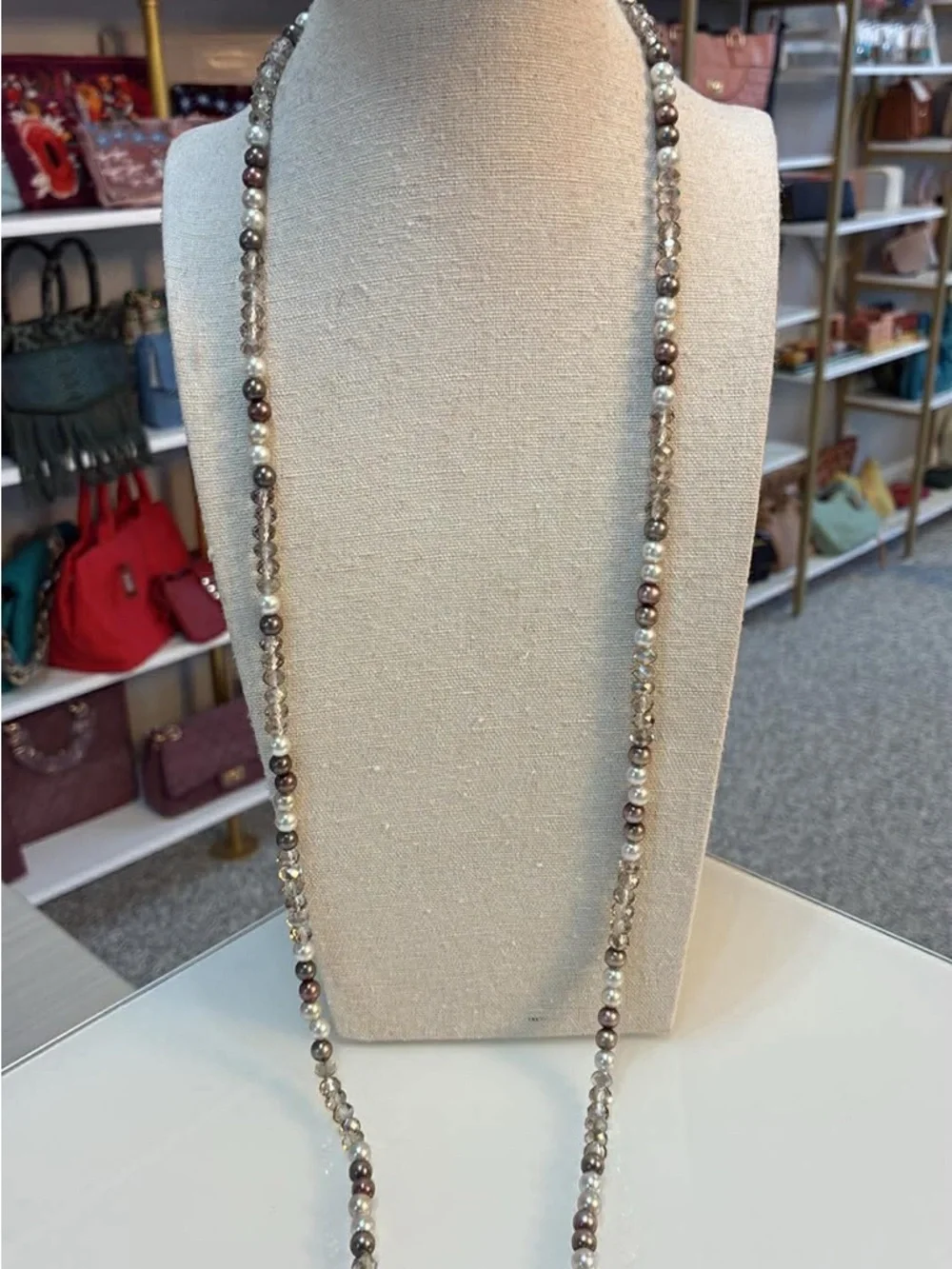 Elegant Multi-Strand Pearl Style & Crystal Necklace in White and Brown