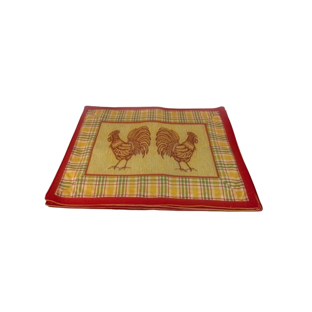 VTG Set of FOUR Red Yellow Plaid Rooster Tapestry Placemats 19