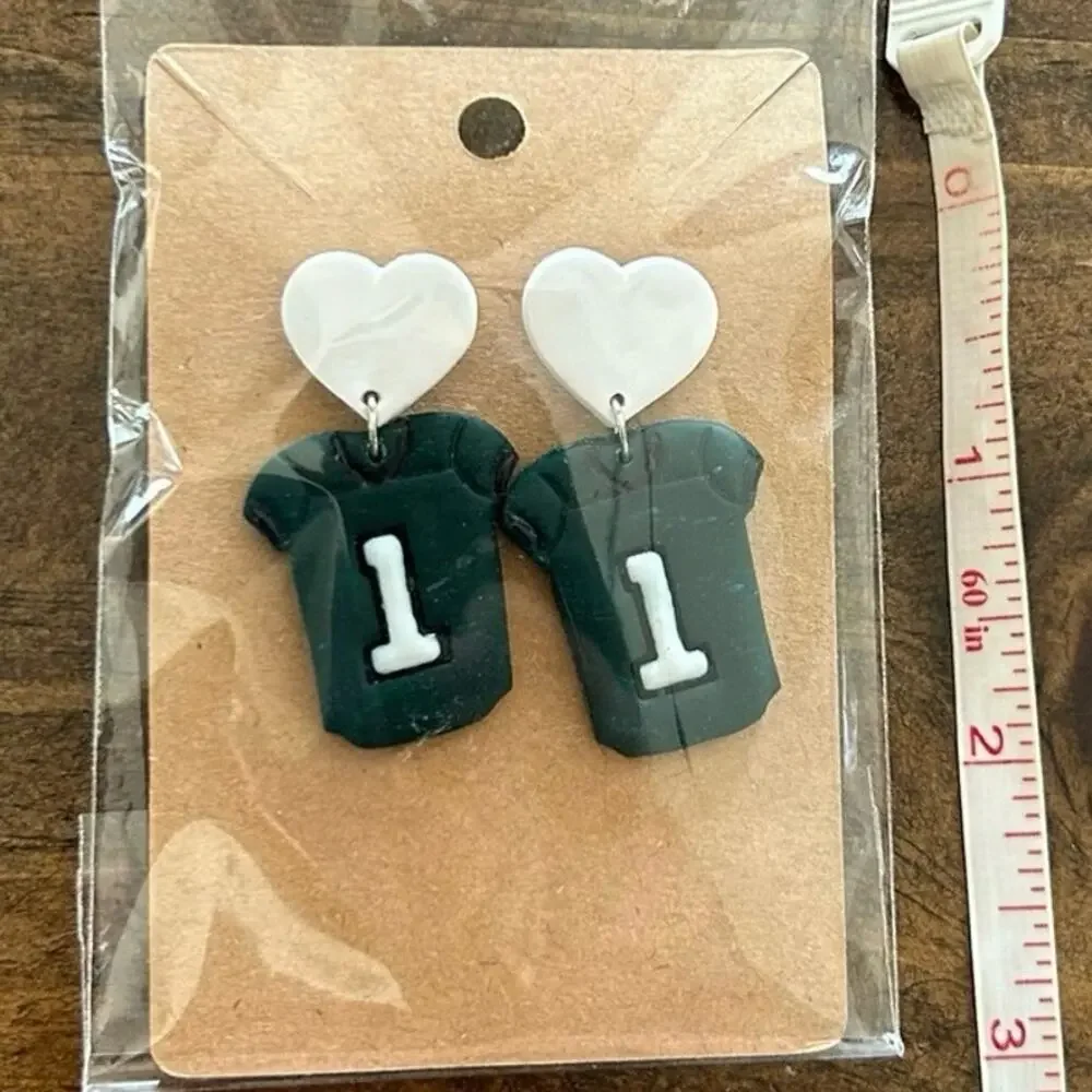 Philadelphia Eagles Green White Football Jersey Hearts Polymer Handmade Earrings