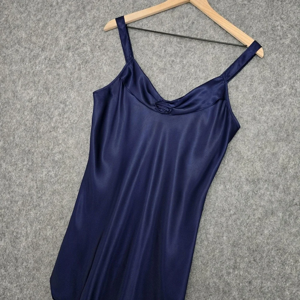 Vtg California Dynasty Nightgown Womens M Navy Satin Rose Chemise‎ Slip Dress