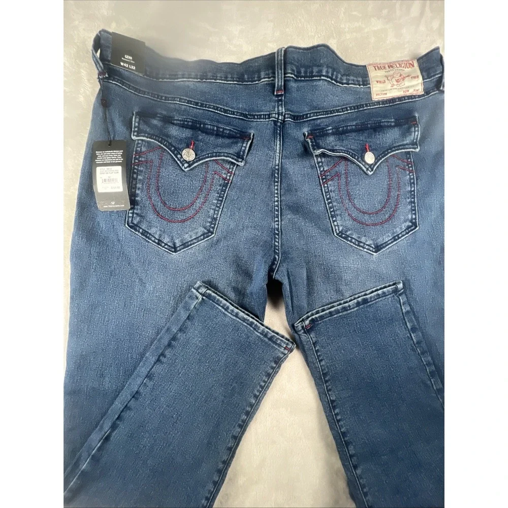 True Religion World Tour Jean Men 42x32 Geno Big Flap Relaxed Denim Red ‎ Stich