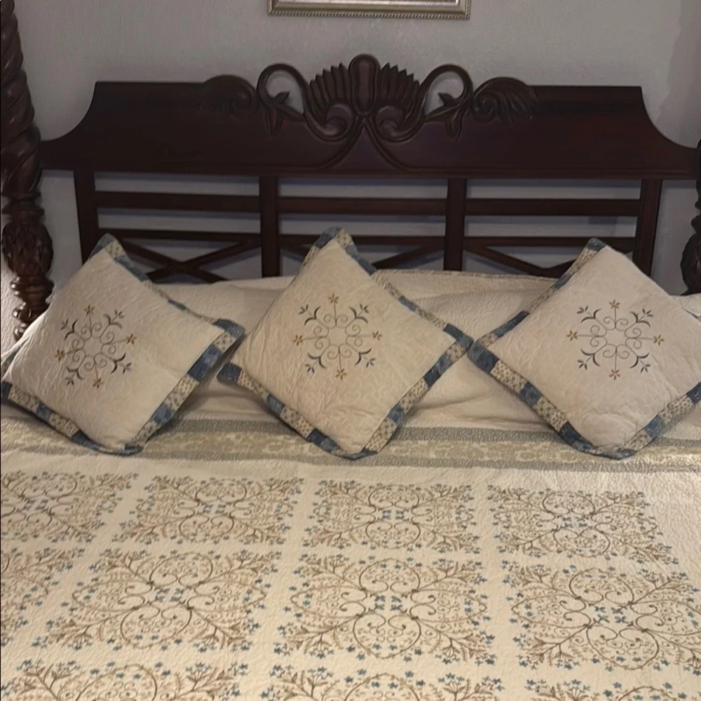 Pillows Set of 3 Cream and Blue Quilted Accent Pillows with Elegant Embroidery