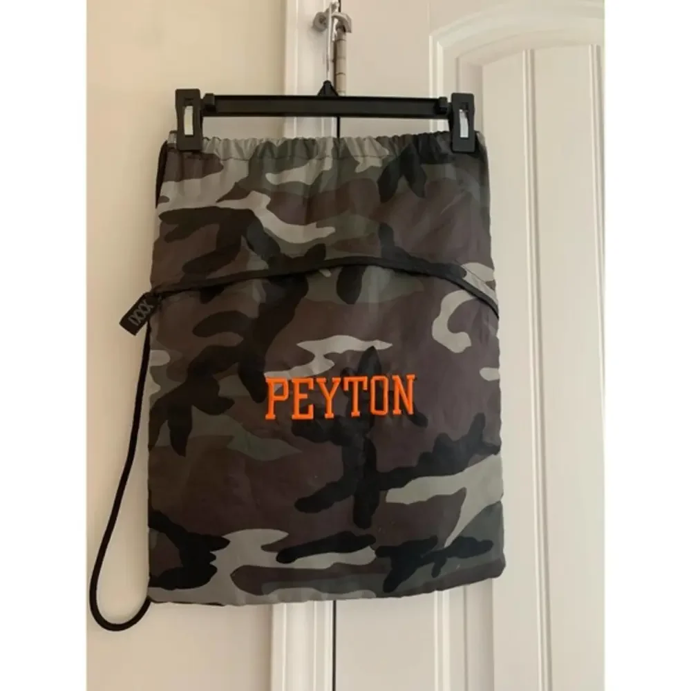 Thirty One Camouflage Cinch‎ sac backpack style with monogrammed “Peyton”