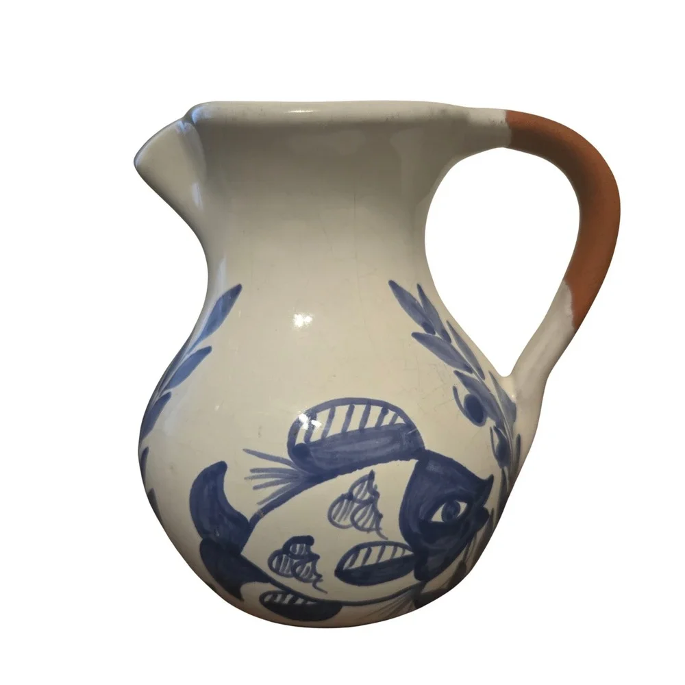 Sto Onofre Portugal Hand Painted Blue Fish Pitcher Terracotta Handle 4.75
