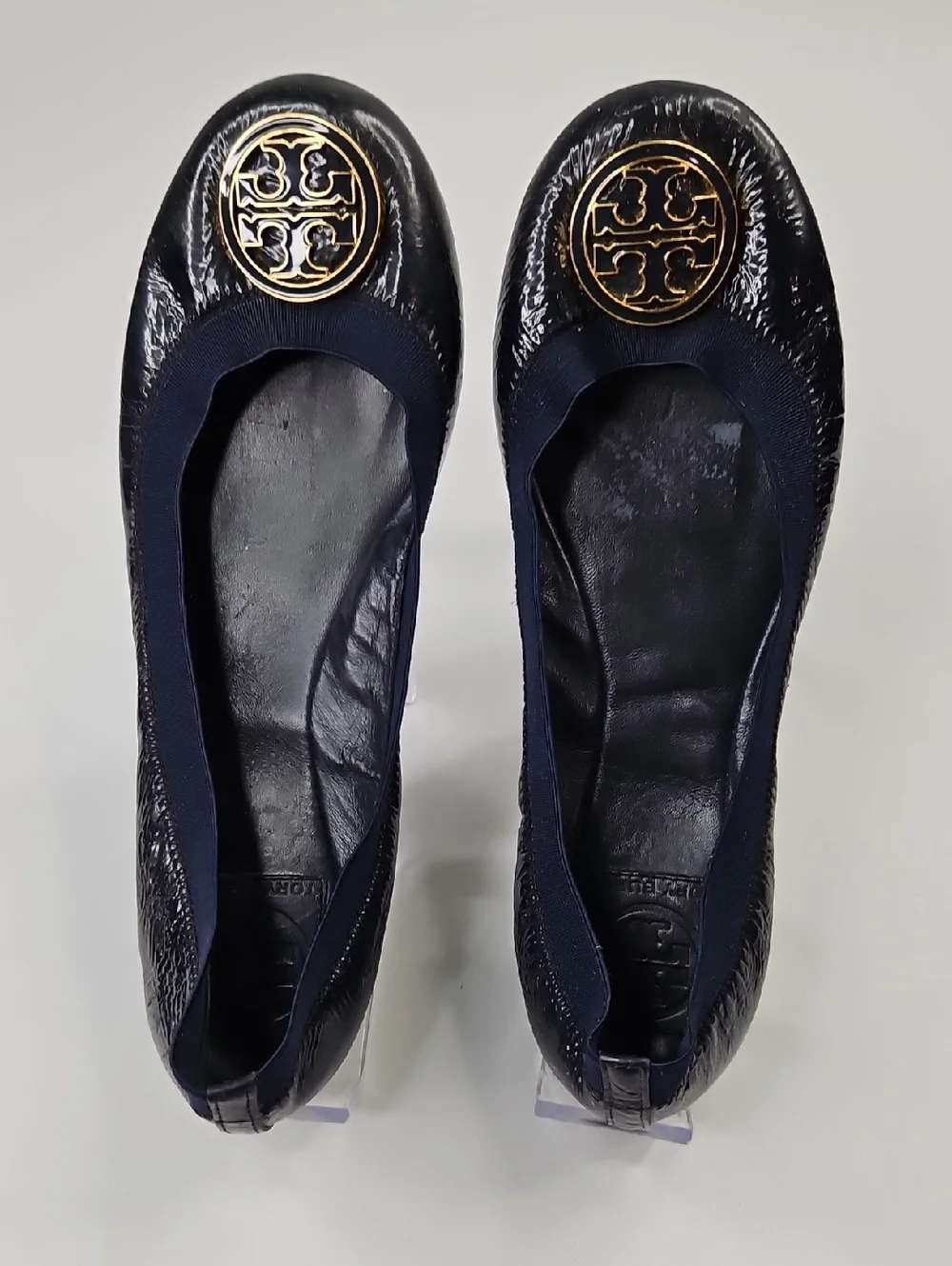 Tory Burch Carolina Navy Blue Patent Leather Logo Ballet Flats Sz 8