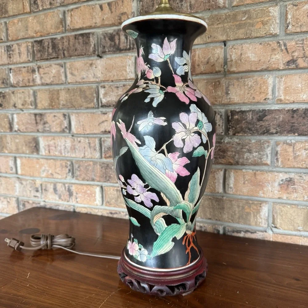 Vintage Famille Noire Style Asian Water Lily Black Floral Porcelain Brass Lamp