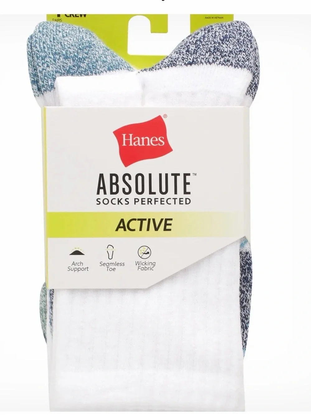 New Hanes White Crew Athletic Socks with Blue and Gray Accents. Boys size 3-9.