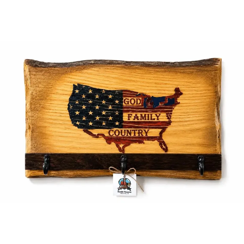 Live Edge Wooden Key Holder Wall Rack God Family Country USA Flag 3 Hooks