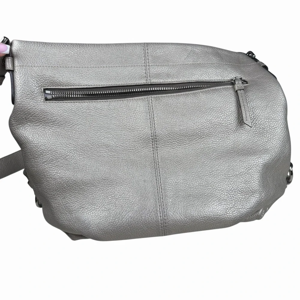 Coach Metallic Silver Peebled Leather Hobo Duffle Crossbody Shoulder‎ Bag F15064