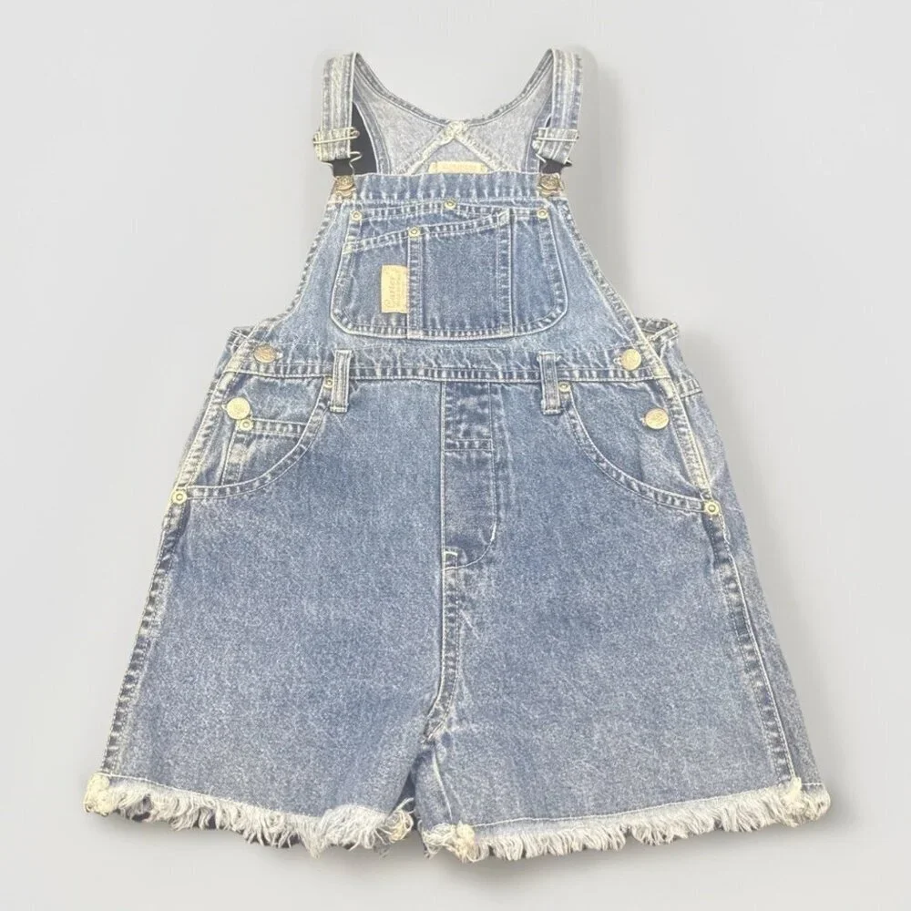 VTG Carters Watch The Wear Girls Blue Denim‎ Raw Hem Shortalls Overalls Sz 6X