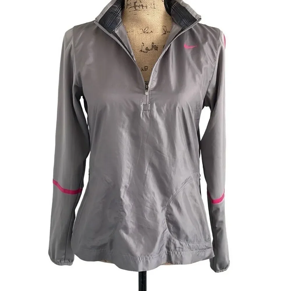EUC Nike Golf Gray Pink Trim 1/2 Zip Mock Turtle Pullover Windbreaker - Size Sma