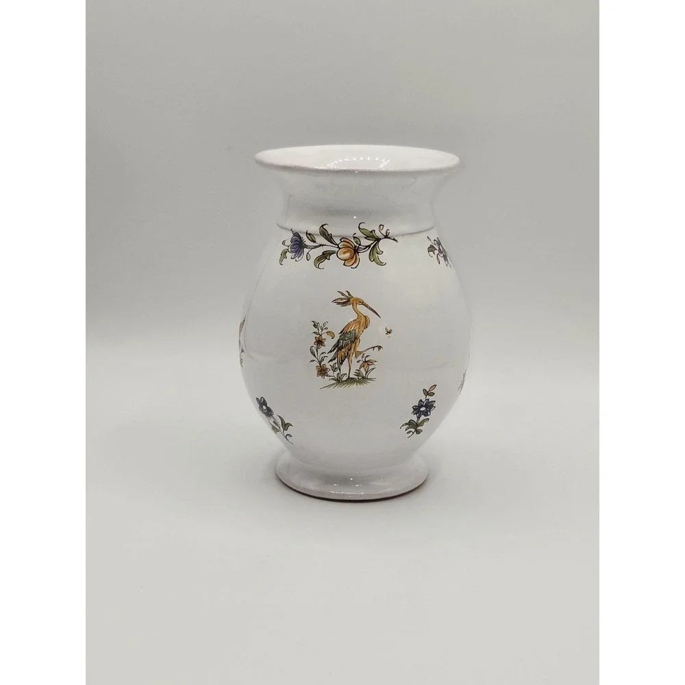 French Faience Style Hand Painted Vase Bird Floral Motif White Glazed‎ Pottery