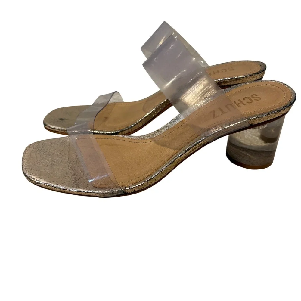 SCHUTZ Womens‎ Clear Strap Square Toe Block Heels Metallic Gold Leather Sole 6B