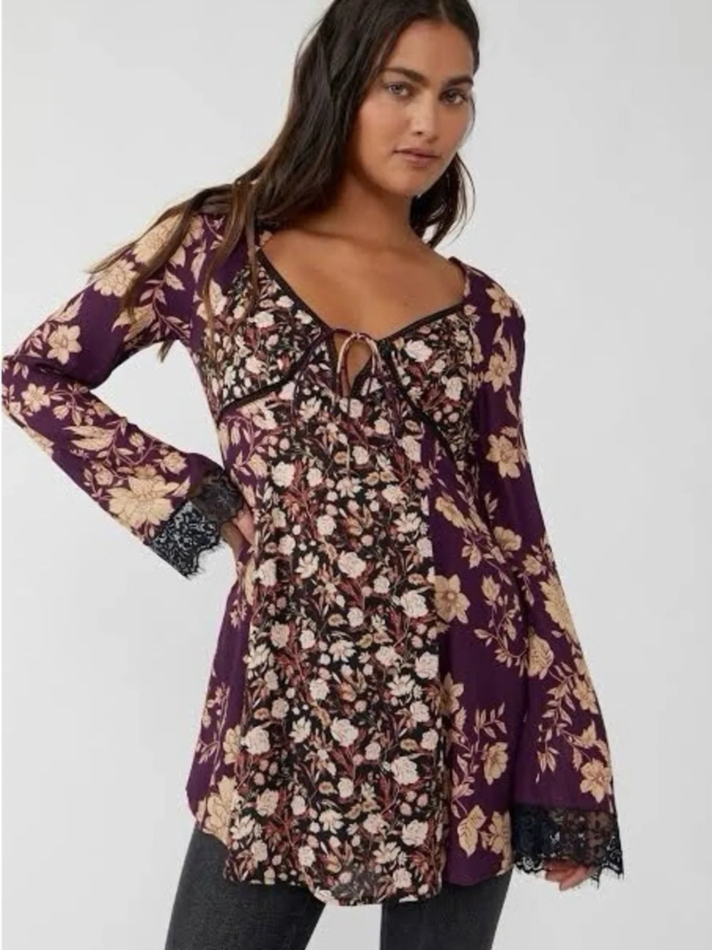 Free People S Odette Purple Floral Printed Long Sleeve Tunic Top