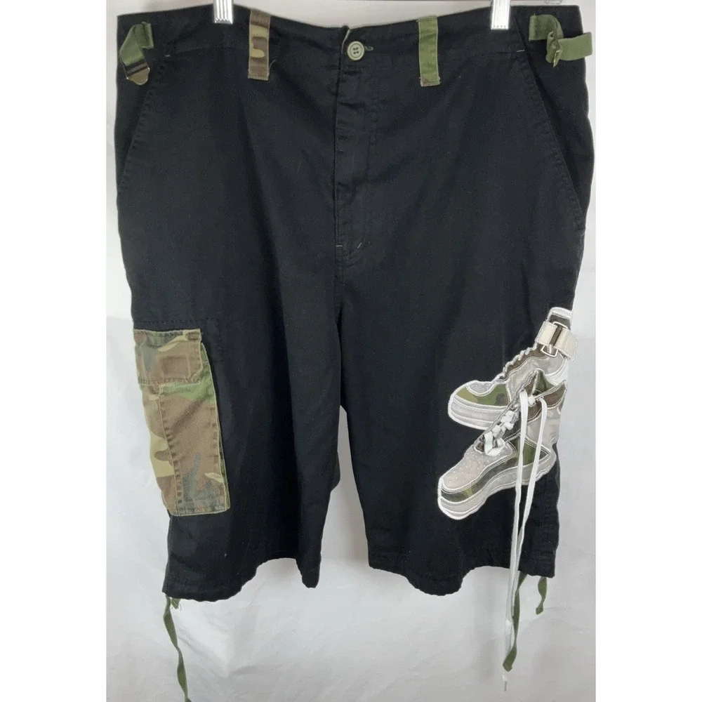Raw Blue Cargo Shorts Mens Black Y2K Hip Hop Streetwear‎ Embroidered Size XL
