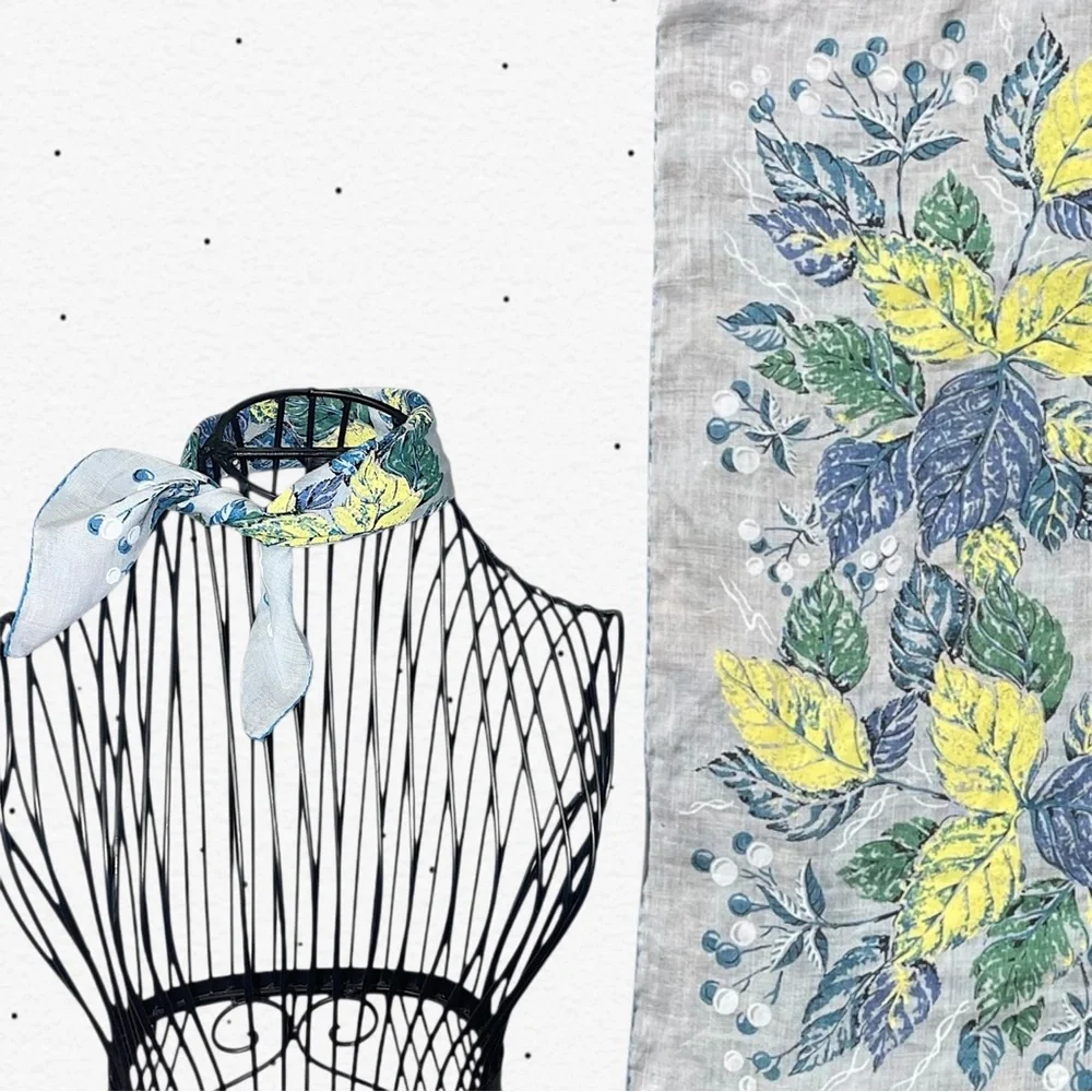 Vintage Floral Blue & Yellow Silk Neck Scarf