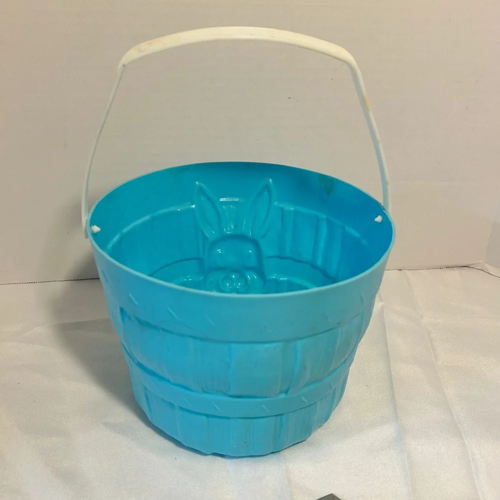 Vintage‎ Blue Plastic Easter Basket Bunny Face Handle Childrens Toy Storage