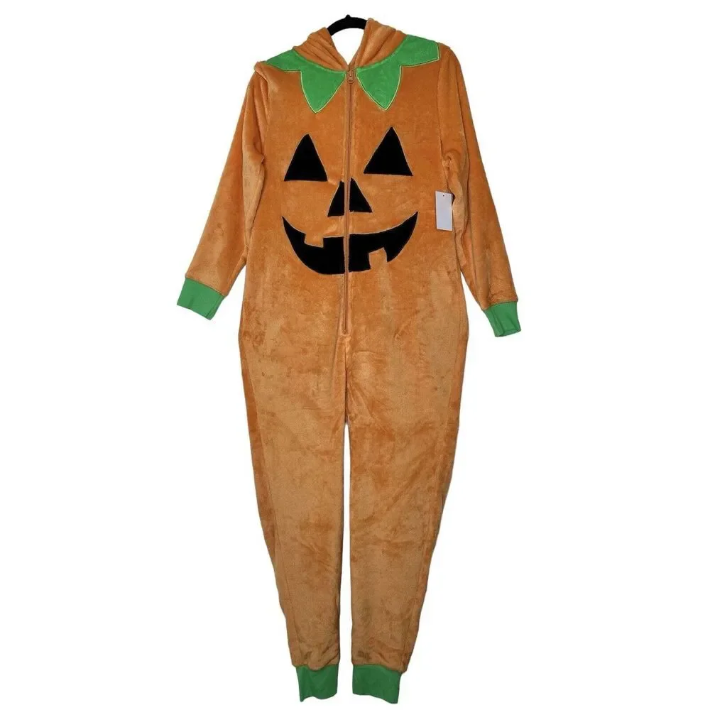 Halloween Pajamas M Pumpkin Adult Bodysuit Soft Orange TRICK OR‎ TREAT NWT