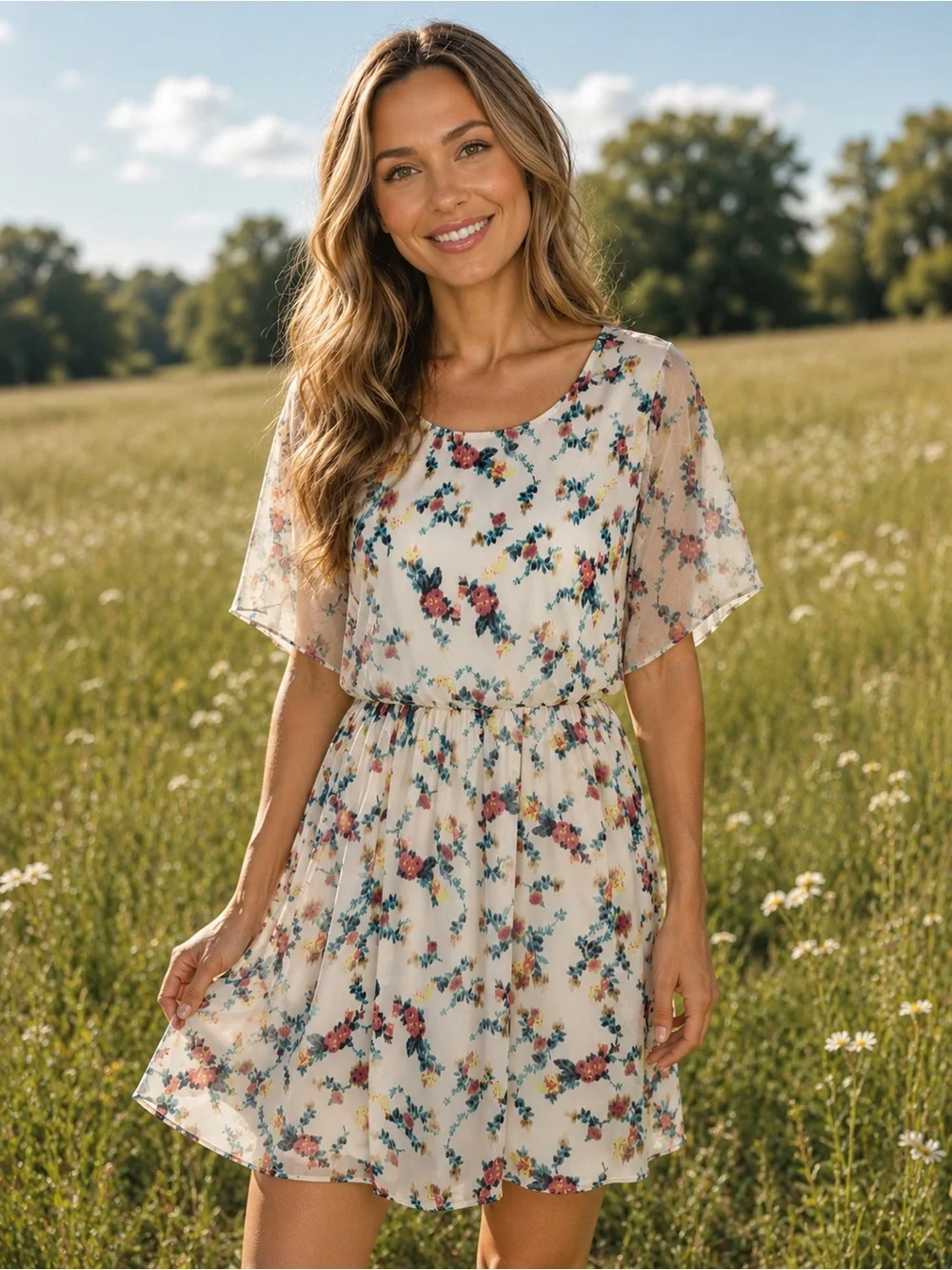 LUSH Multi Floral Backless Chiffon Dress Faux Wrap Back Ivory Cream Size S