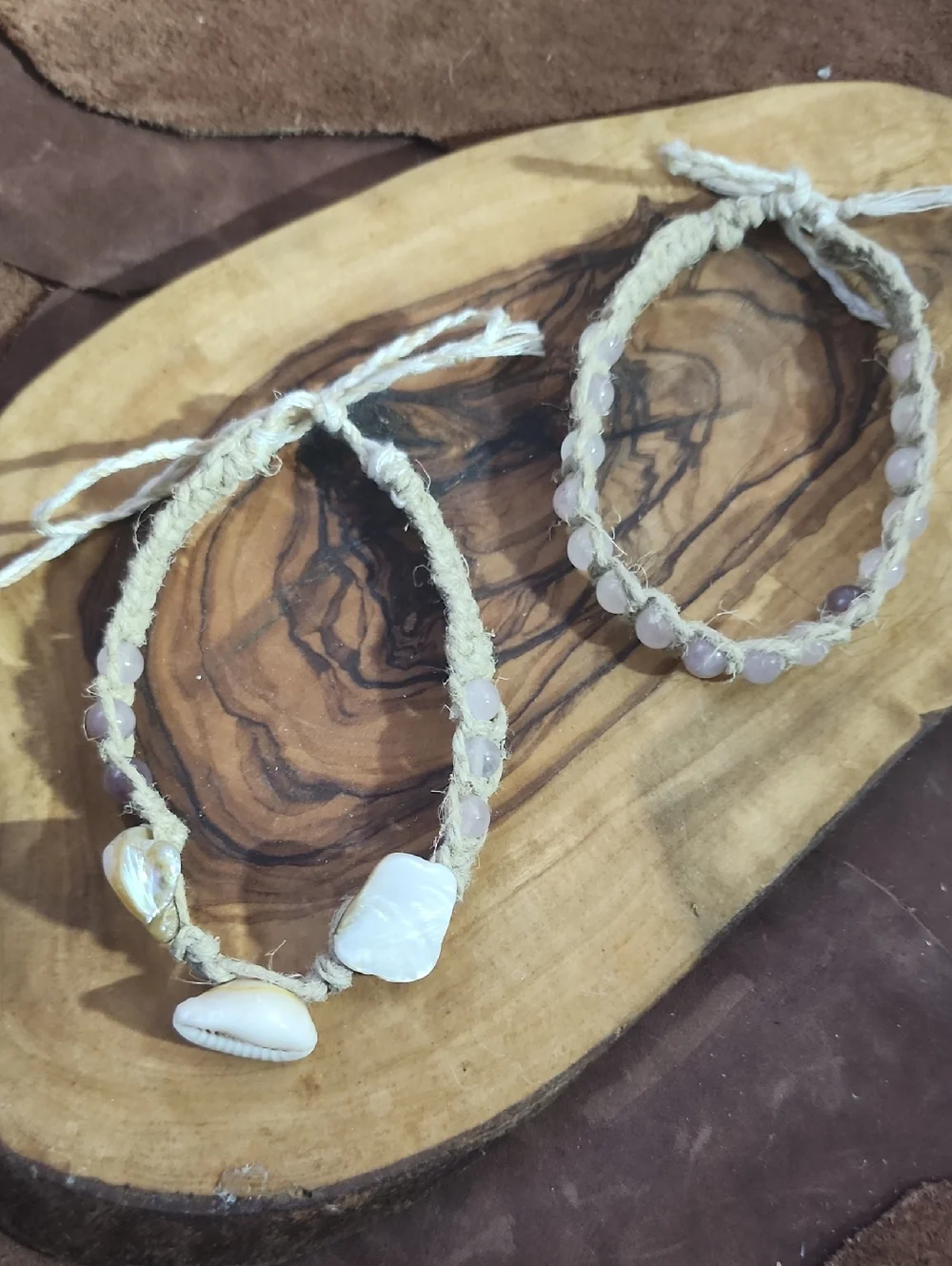 Handmade Shell & Bead Hemp Anklet - Natural Beige with Rose Quartz Beads