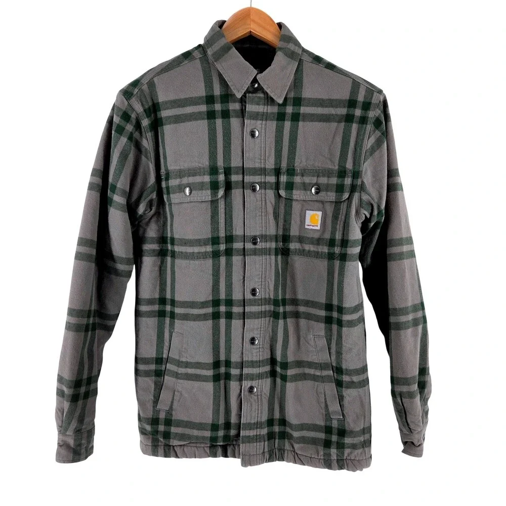 Carhartt Sherpa Lined Flannel Shirt Gray Plaid Outdoor Heavyweight Snap‎ Men's S