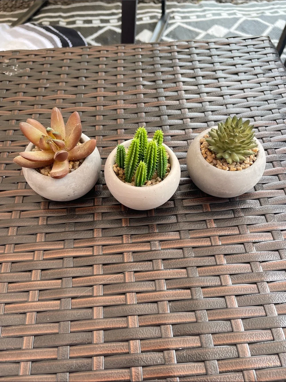 Set of 3 Mini Succulent Planters - Round Concrete Pots with Faux Succulents