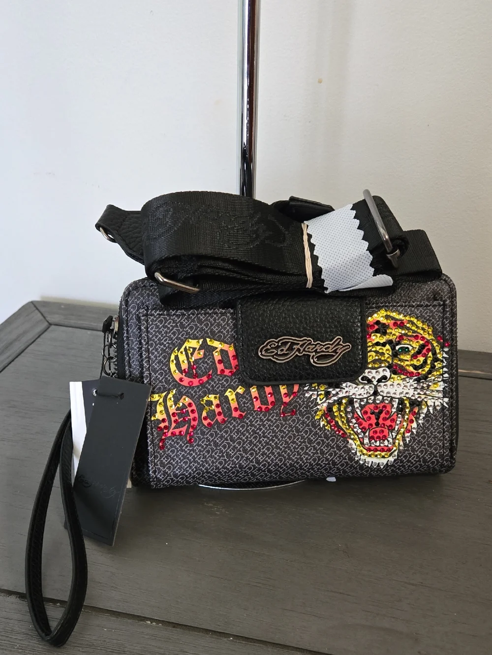 Ed Hardy Black Crossbody Wallet with Yellow & Red Tiger Graphic