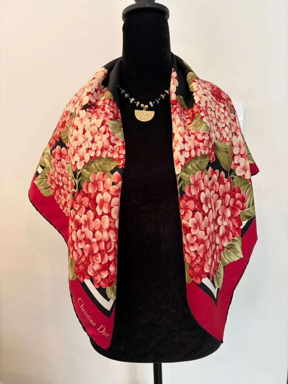 Dior Silk Scarf Red Black Floral Hand Rolled