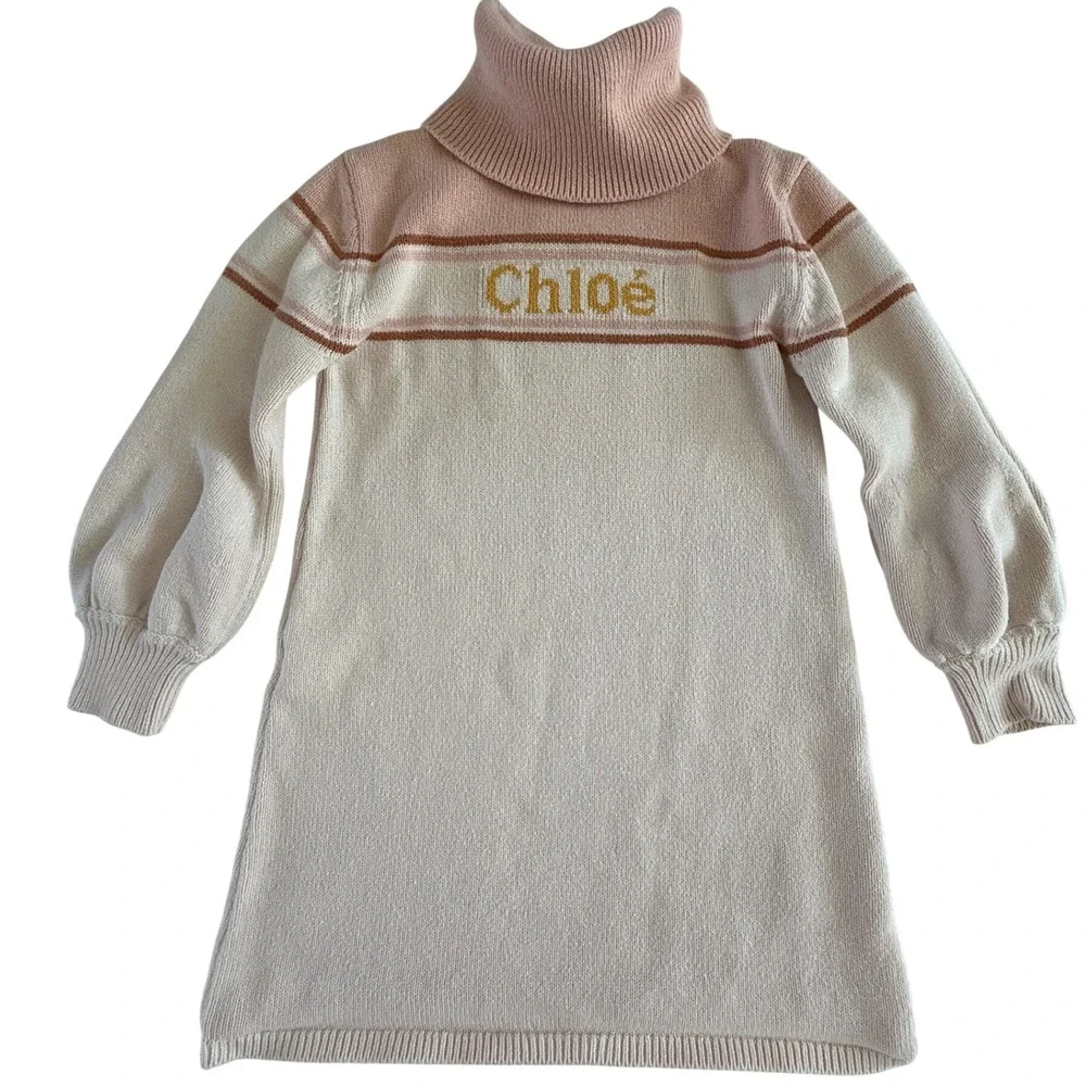 Chloe Girls Knit Sweater Dress Turtleneck Pink Cream Wool Blend Size 6 Designer