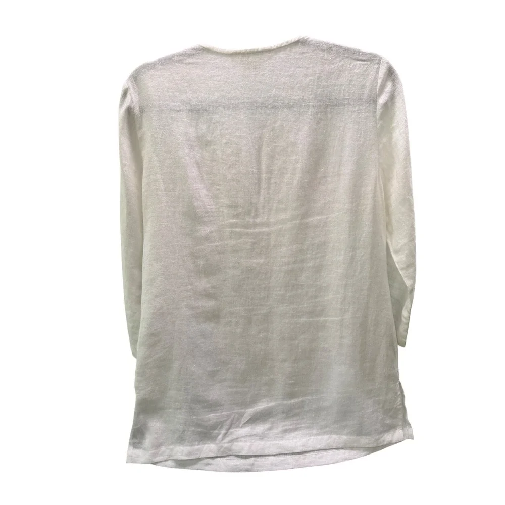 Michael Kors Linen Tunic Women Small White Beaded Split Neck 3/4 Sleeve Boho