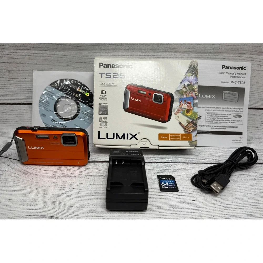 Panasonic Lumix DMC TS25 Orange Waterproof 16.1 MP Digital‎ Camera 64GB SD Card