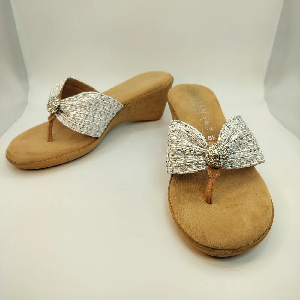 Italian Shoemakers Silver Thong‎ Wedges Womens Size 8.5 Bedazzled Cushion Sole