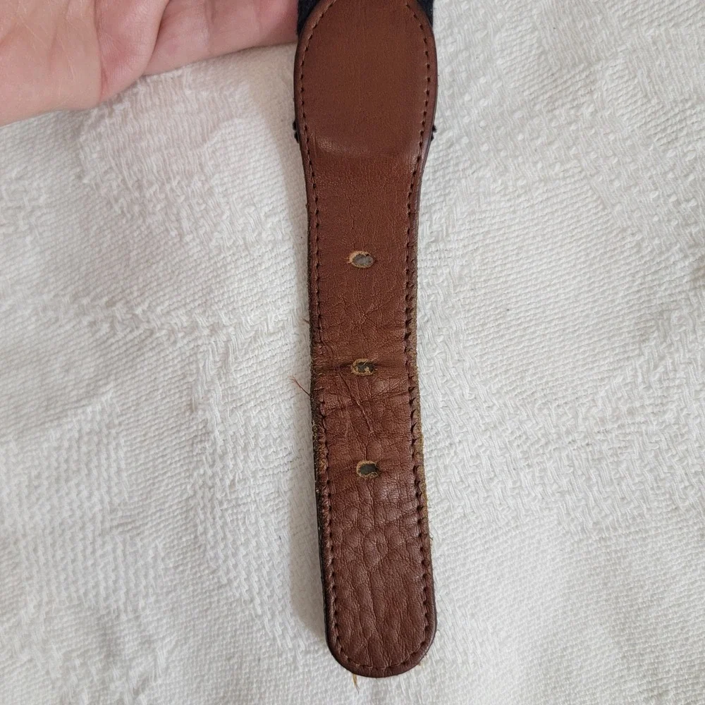 Mens Navy Red Striped Canvas Leather Belt Brass Italy Buckle Size 36 Preppy