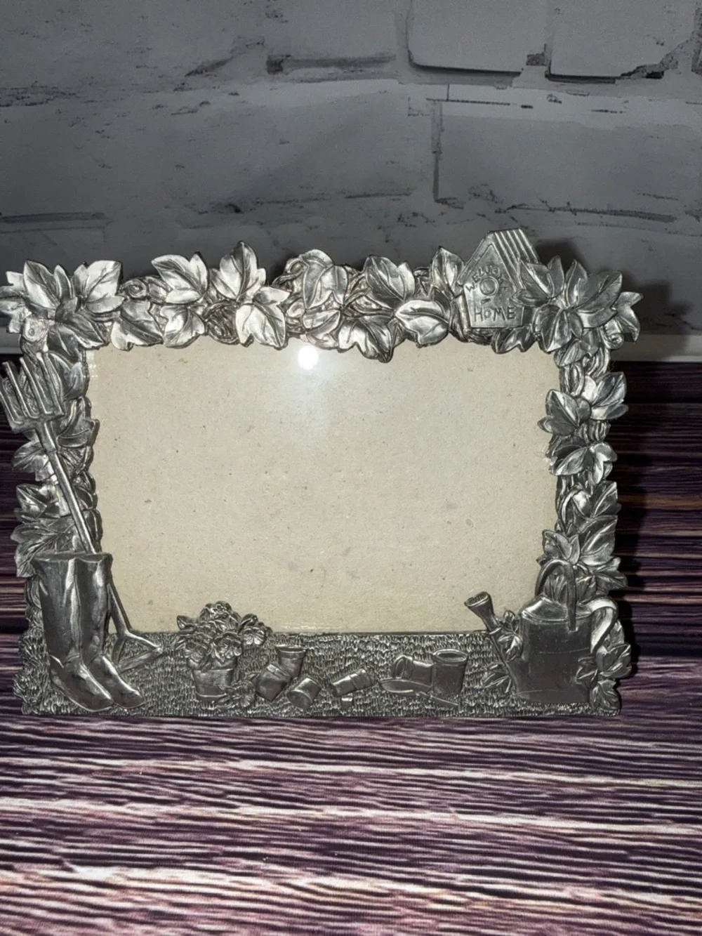 Perfect Art Nouveau Pewter Garden Theme Silver Photo Frame. Watering Can Flowers