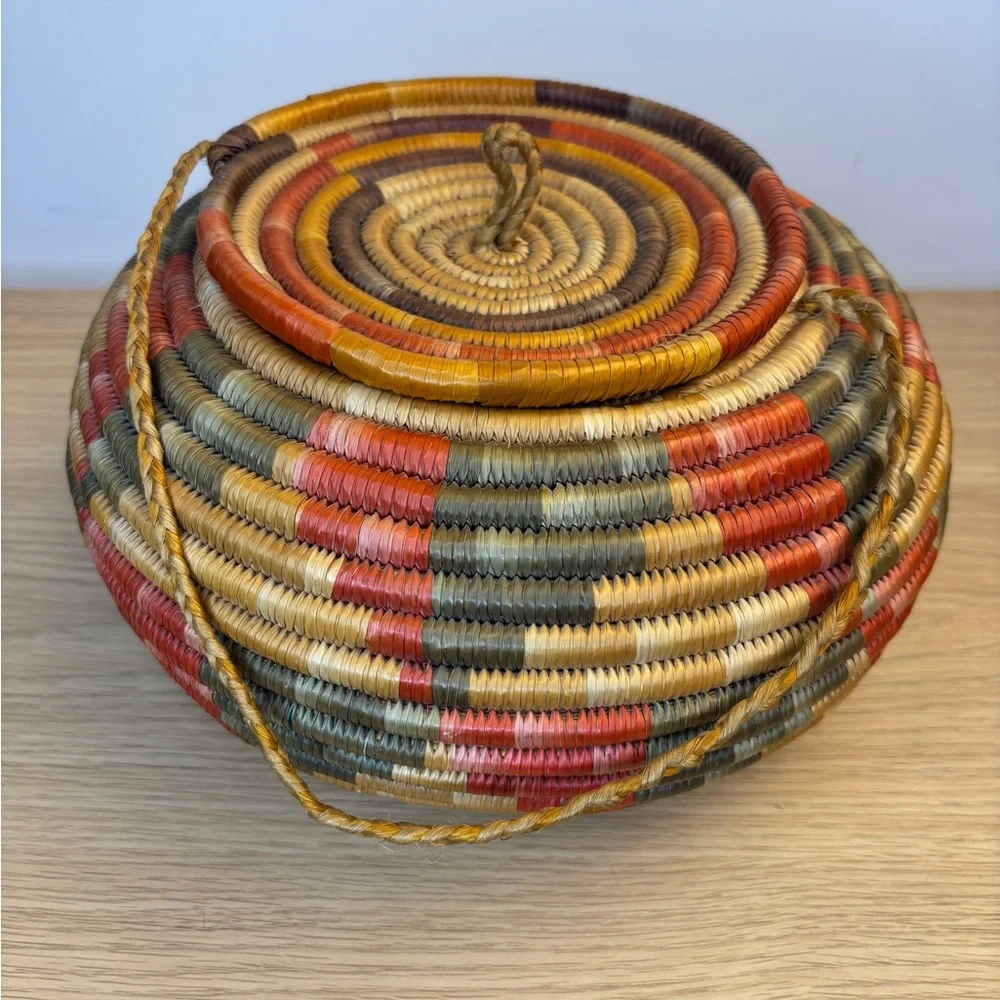 Vintage Handwoven‎ Coil Multicolor Basket with Lid