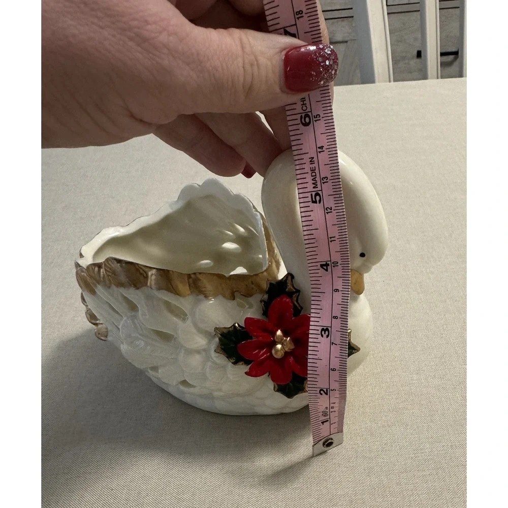 Vintage Swan Planter Bowl White Ceramic Gold Trim Poinsettia Christmas‎ Decor